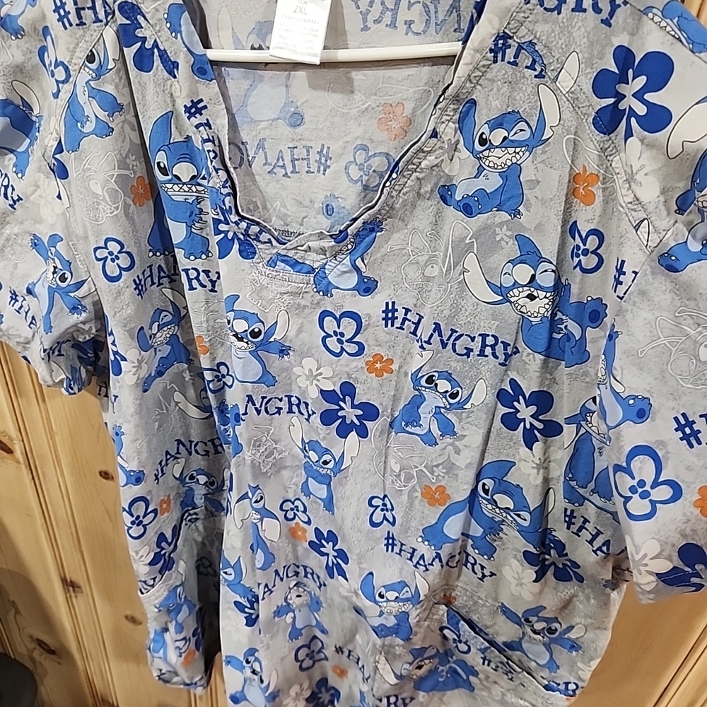 Blue and Gray Cartoon Lilo And Stitch Print  Scrub Top